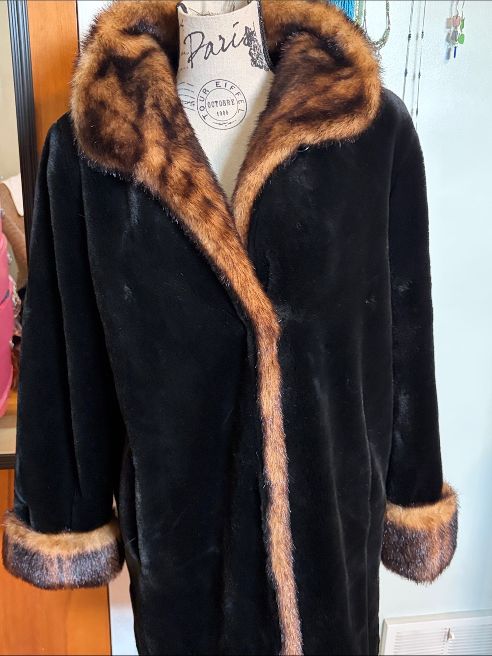 Tally Ho Black Coat with Brown Trim Faux-Fur Collar